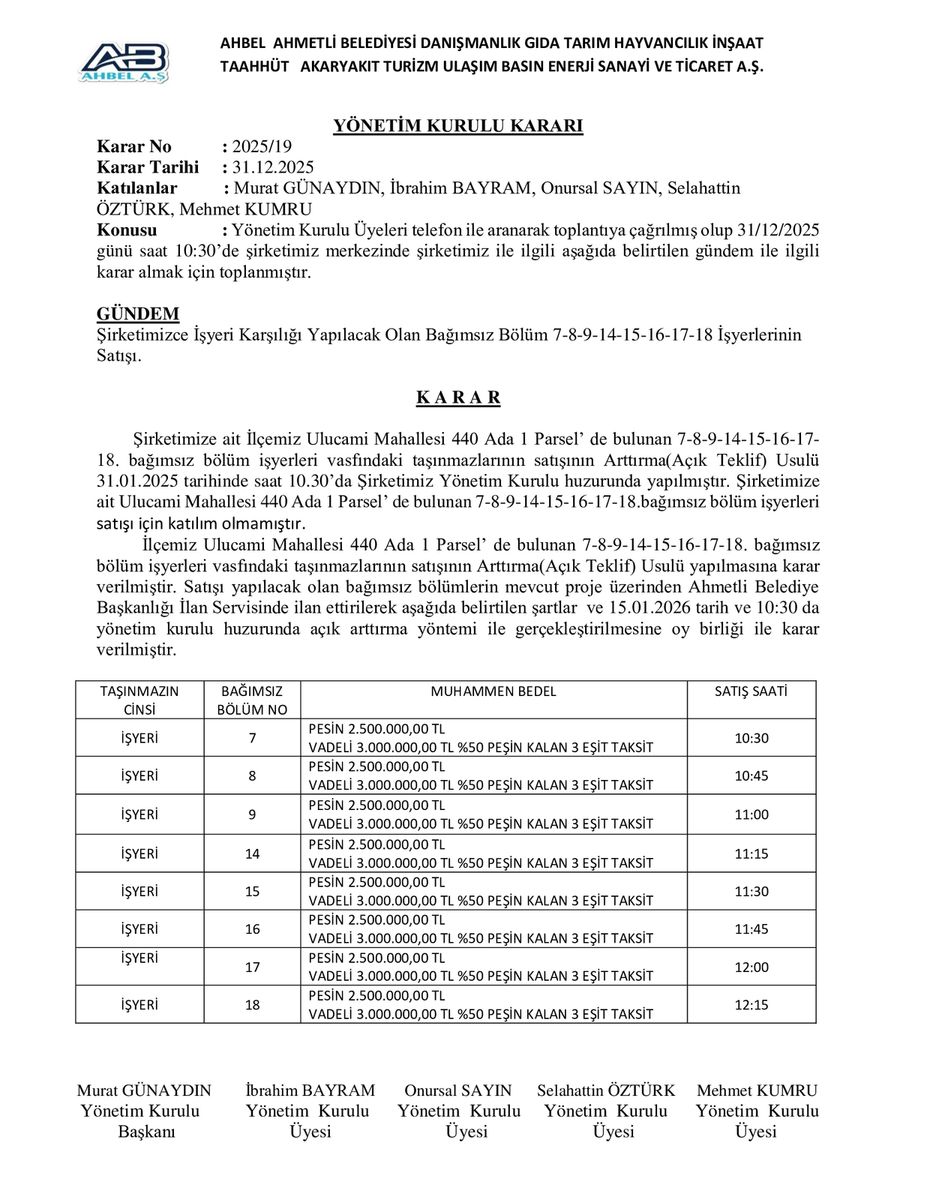 Ahmetli Belediyesi - 440 Ada 1 Parsel Sanayi Dükkanları - 2. Tur Satış İlanı